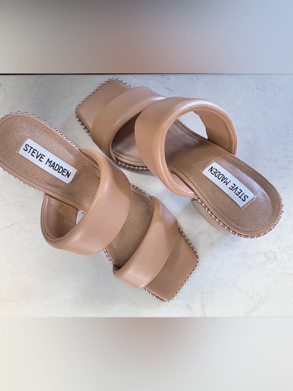 Steve Madden Blush Tan Double-Strap Slide Sandals with Stud Trim
